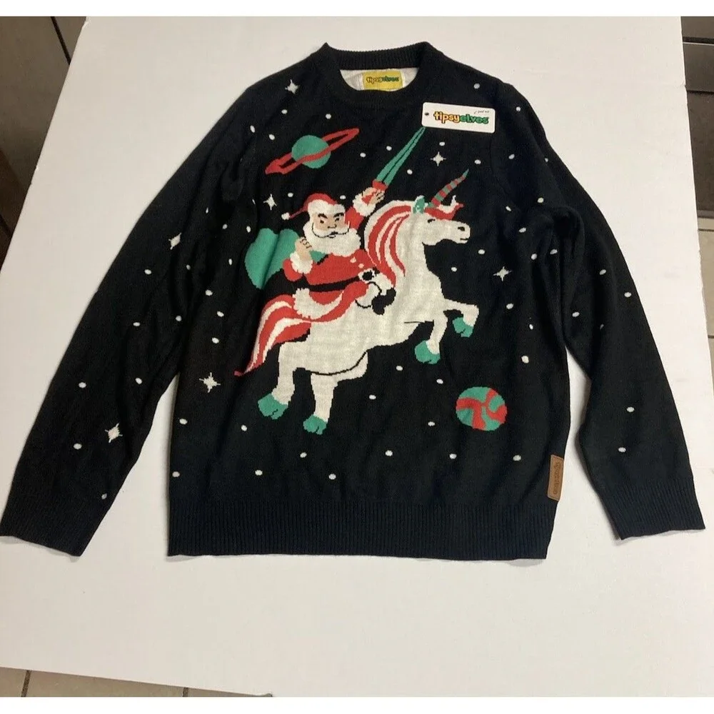 Tipsy Elves Santa Riding Unicorn Space Ugly Christmas Sweater Black Knit [Size]
